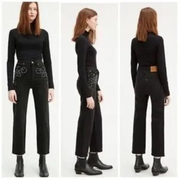 Levis Ribcage Straight Leg Embelliished Bejewelled High Rise Black Jeans Size 28 - Picture 1 of 15